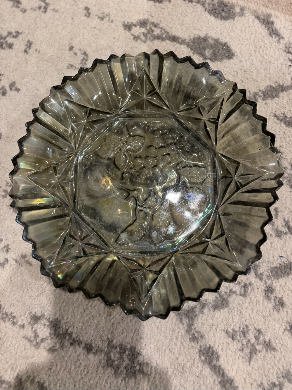 Federal Glass Pioneer Pattern Carnival Bowl Smoke Grey Fruit Ruffled Vtg